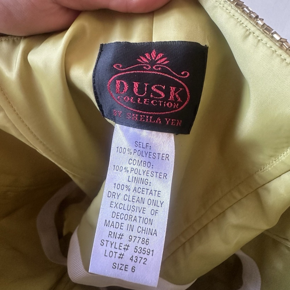Vintage Y2K Dusk By Shelia Yen Beaded Yellow Green Ruched Strapless Dress Sz 6 - Picture 8 of 10